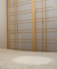 japanska klizna vrata koja se uklapaju u spavacu sobu relaksiraju prostor i uticu na ambijent prostora koji je opustajuci u pastelnim tonovima od drveta i u sirovom obliku tj. boji drveta